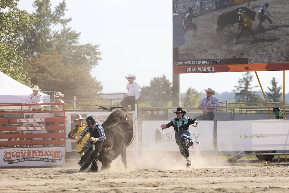Cole Wagner attempts to escape after a bull ride at a past Cloverdale Rodeo. The rodeo and country fair returns May 16-19. (Photo: Jason Sveinson) 