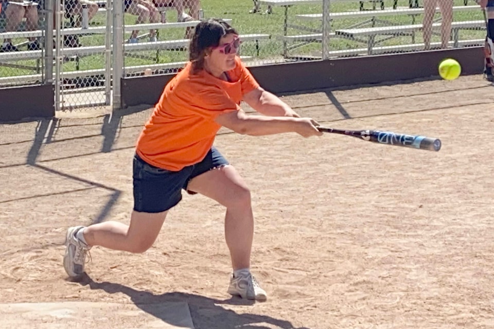 Heidi Haas of the Old Ballers hits the ball during a slo-pitch game at the Dale Meadows Sports Complex at the 2023 Summerland Action Festival. The ball tournament will be a part of the 2024 festival as well (Summerland Review file photo) 