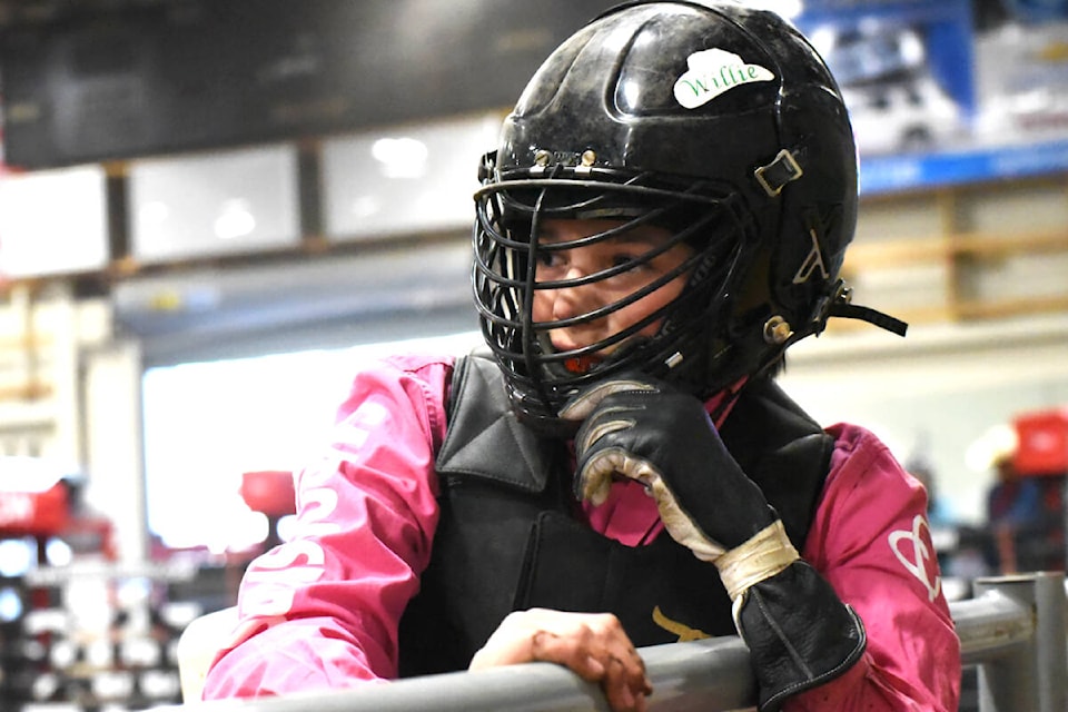 Tanner Loring heads to the safety of the fence during the junior steer riding at the Indoor Spring Classic Rodeo. (Angie Mindus photo/Efteen) 
