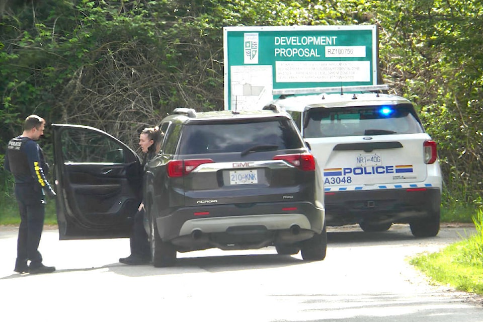 Langley RCMP vehicles near 206th Street and 67th Avenue, where police were investigating a shooting that left one man wounded on the morning of Tuesday, April 30. (Dan Ferguson/Langley Advance Times) 