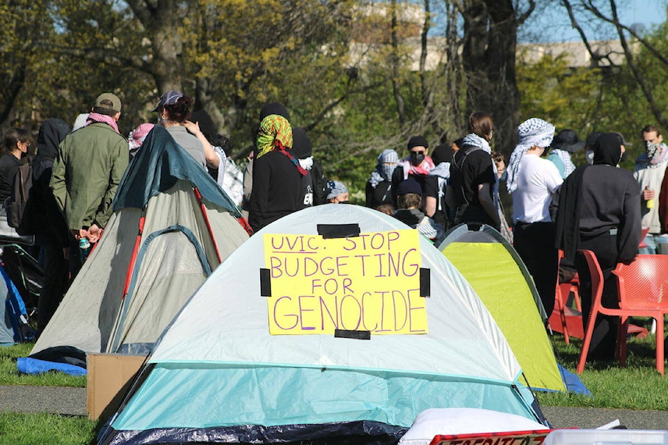 Around 50 Pro-Palestine protesters have started an encampment on the University of Victoria campus on Wednesday morning, May 1. (Jake Romphf/Vic News) 