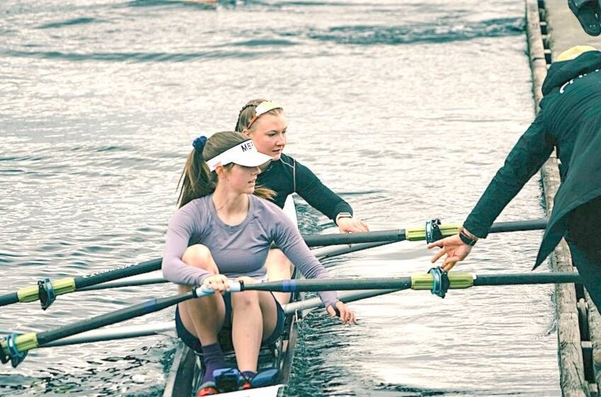 Maple Bay Rowing Club’s Agata Minka and Delphine Koyote launching to go to their race in the U19W 2x. The pair went on to place third overall in the event. (Oliver Price photo) 
