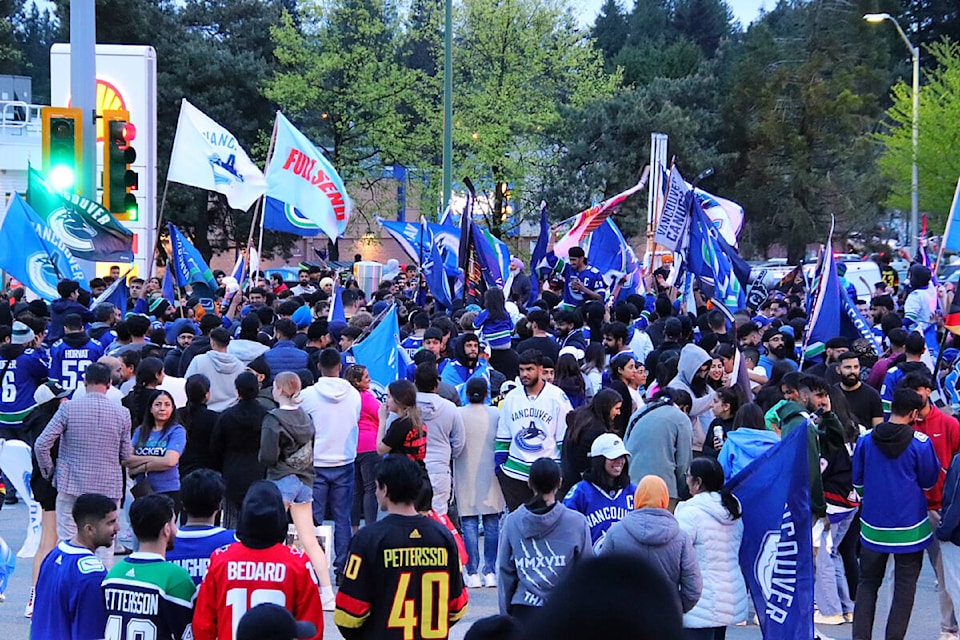 Fans took to Scott Road and 72 Avenue on Friday night (May 3) after the Vancouver Canucks beat the Nashville Predators 1-0 and advanced on to the second round of the Stanley Cup playoffs. (Shane MacKichan) 