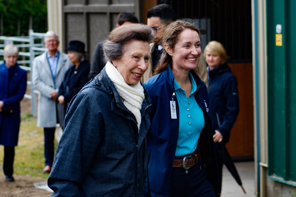 The Princess Royal, left, and Victoria Therapeutic Riding Association executive director Liz Gagel toured the VTRA facility and met with riders on Sunday, May 5. (Bailey Seymour/Black Press Media) 