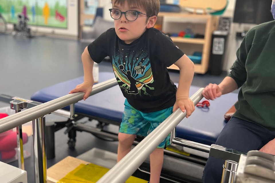 Oak Bay youth Simon Hoskins works on rehabilitation at Sunny Hill after major surgery earlier this spring. (Courtesy Becs Hoskins) 
