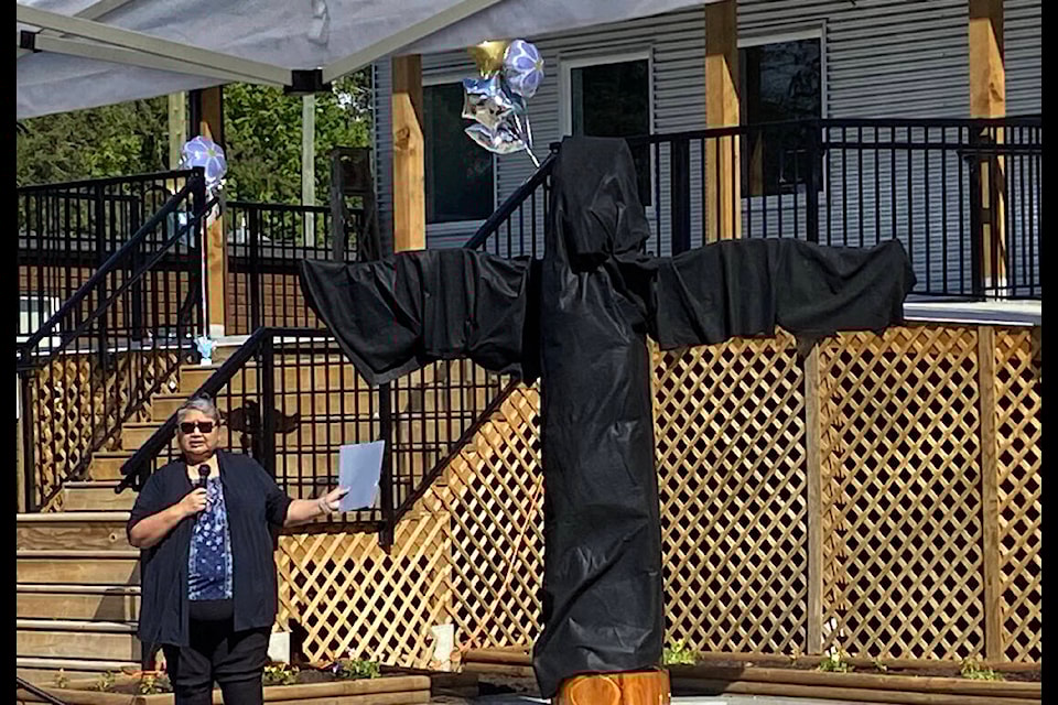Cowichan Tribes celebrated with community members on the morning of May 1 with both the unveiling their new Yathuy’thut school building and a totem pole hand-carved by its students. Yathuy’thut resource teacher Joyce Rodriguez was one of many to speak at the special event. (Chadd Cawson/Citizen) 