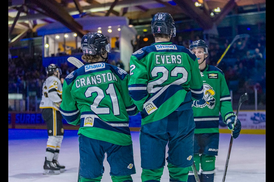 Forwards Caden Cranston and Ryden Evers are among several Surrey Eagles players to win a year-end British Columbia Hockey League award after a phenomenal 2023-24 regular season. (Tav Morrison photo) 