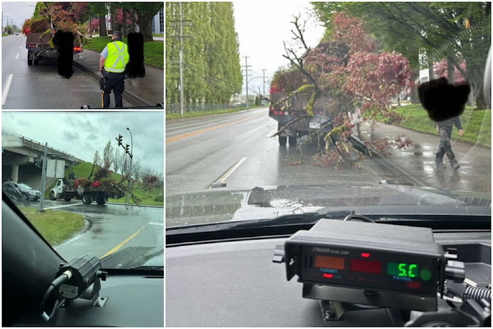 A driver was fined by Richmond RCMP for driving with an unsafe load on April 27, 2024. (Richmond RCMP handouts) 