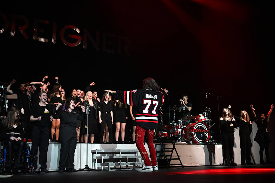 The Penticton Secondary School choir joined Foreigner on stage for their encore performance of I Want to Know What Love Is on May 4. (Brennan Phillips - Western News) 