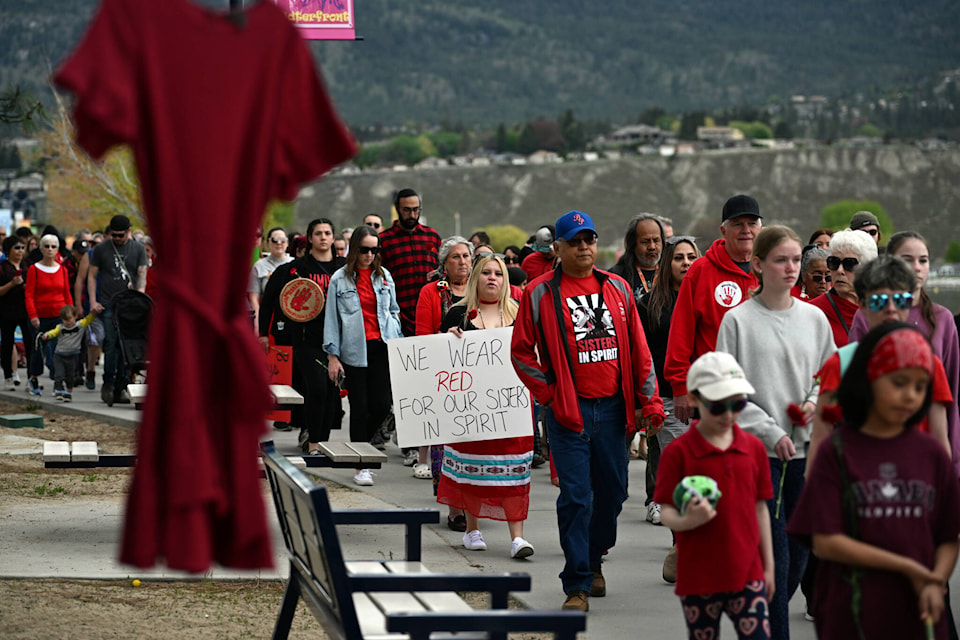Around 200 people joined the Walk for Missing and Murdered Indigenous Women, Children and Two-Spirited Individuals on Red Dress Day in Penticton. (Brennan Phillips - Western News) 