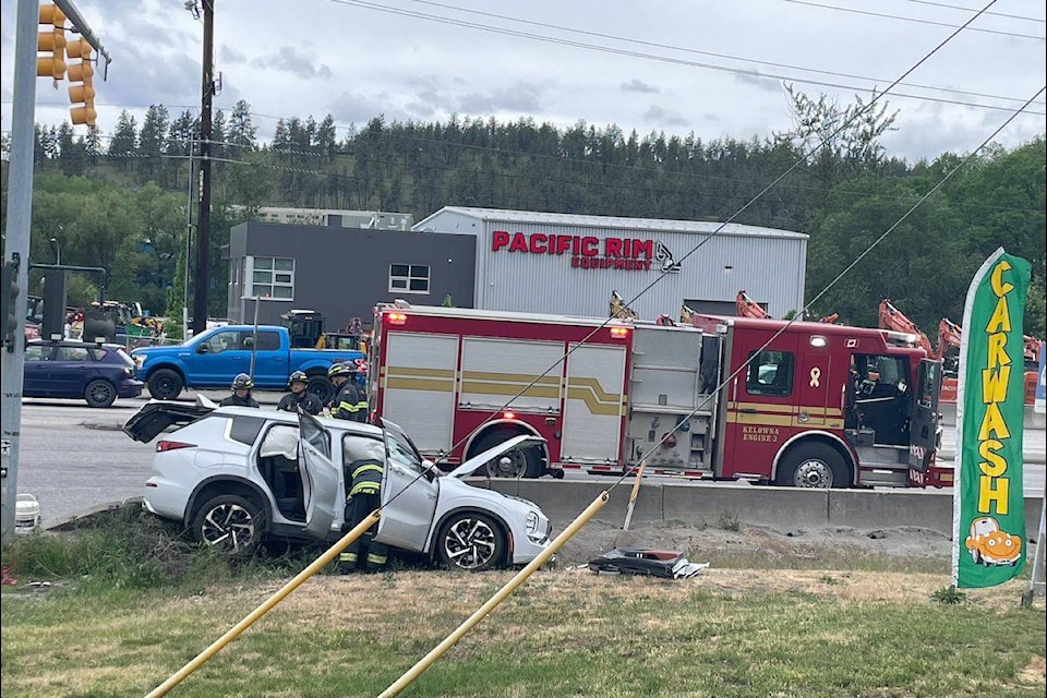 A two-vehicle crash has closed Highway 97 northbound at Edwards Road on Thursday morning (May 16) in 鶹ѡ. (Gary Barnes/Black Press Media) 