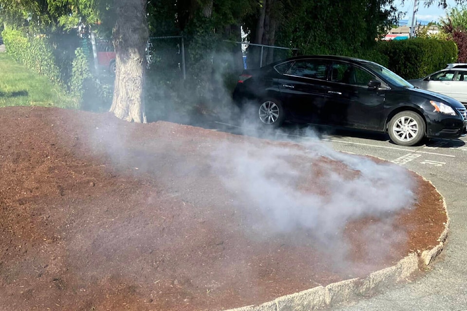 Fire crews douse a smouldering fire in a garden bed on Wallace Drive on May 15. (Central Saanich Fire Department/Facebook) 