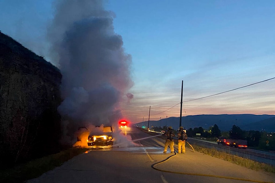 Coldstream Fire Department members extinguish an abandoned pick-up truck discovered on fire on Clerke Road shortly before 4:30 a.m. Thursday, May 9. (Coldstream Fire Department photo) 