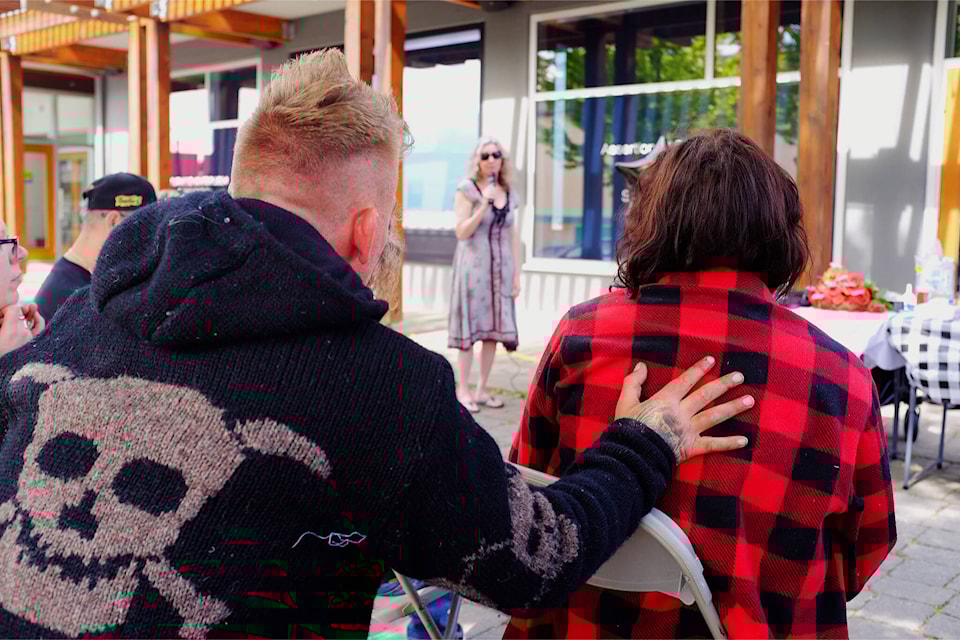 In the span of seven days, the Comox Valley experienced three deaths linked to the toxic drug crisis. Over a dozen friends, family members, and outreach workers gathered in front of the Comox Valley Art Gallery to publicly bid their last goodbyes. (Olivier Laurin / Comox Valley Record) 