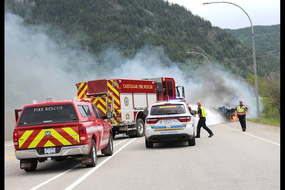 Castlegar Fire Department extinguished a trailer fire on May 16. Photo: Betsy Kline 