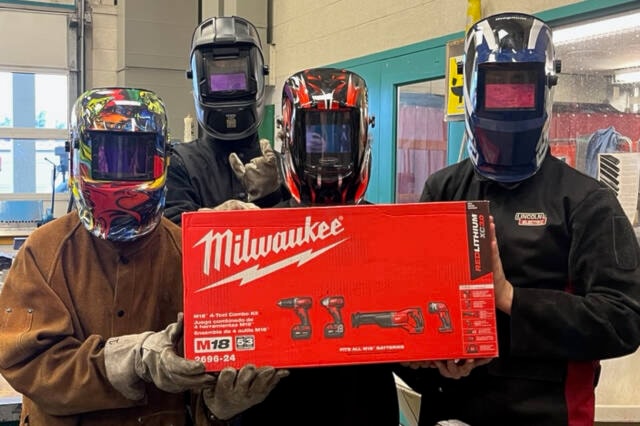 Representatives from the North Okanagan Chapter of the Vintage Car Club recently made donations of tools and supplies to Vernon School District auto shops, including Clarence Fulton Secondary in Vernon (pictured). Funds are raised through the club’s annual Father’s Day show, and used to purchase tools yearly for local high school automotive shops. (Contributed) 