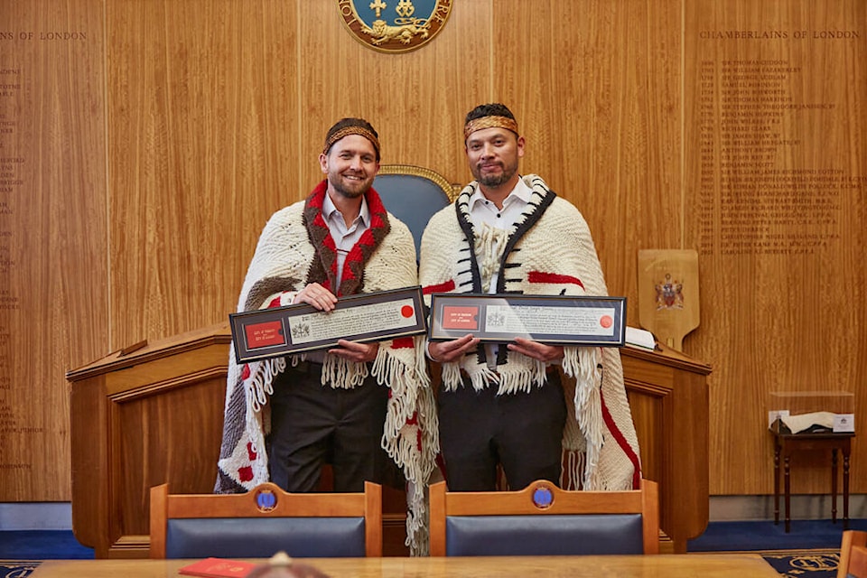 Chief Derek Epp (left) and Chief David Jimmie after receiving their Freedom of the City of London awards in London, England on May 7, 2024 (Submitted Photo) 