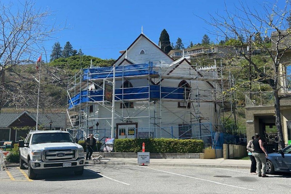 Restoration work underway on the unique, 114-year-old building home to the Peachland Museum, and soon-to-be visitor centre. (Photo District of Peachland) 