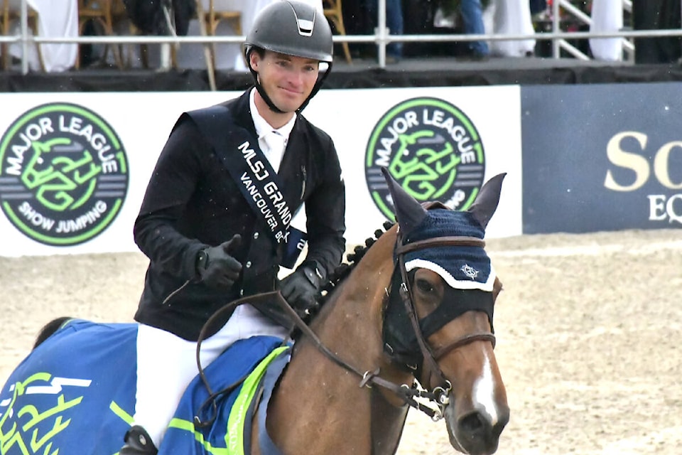 Grant Seger, from Corpus Christi, Texas, USA, riding Frieda came second place in the Major League Show Jumping Grand Prix at Thunderbird Show Park on Sunday, May 26. (Aldergrove Star files) 