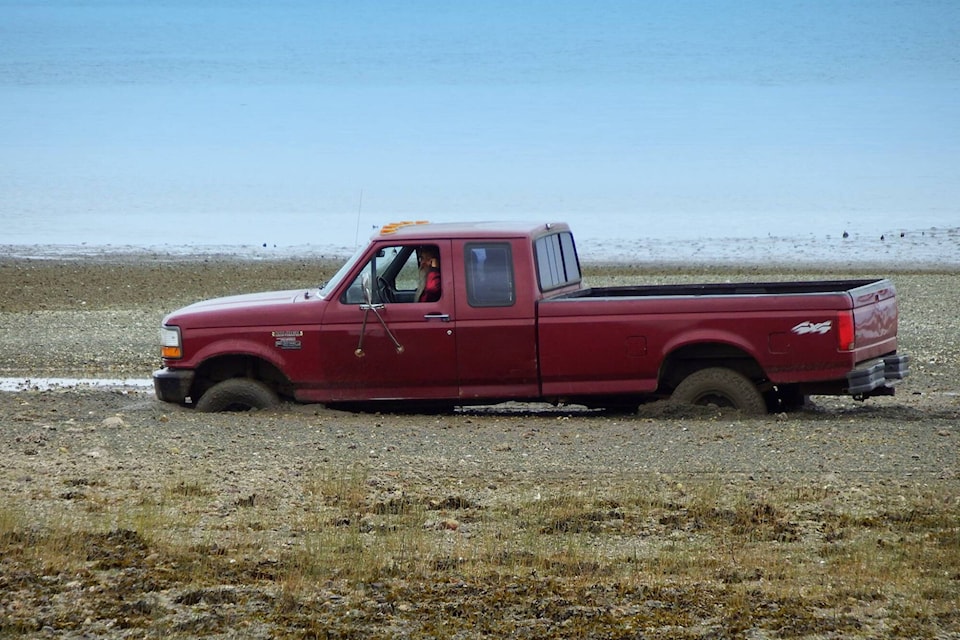 A man got stuck in his truck after driving in Royston’s intertidal zone, which is considered a sensitive habitat by DFO. Photo courtesy of Tanja Hespe Kerr. 