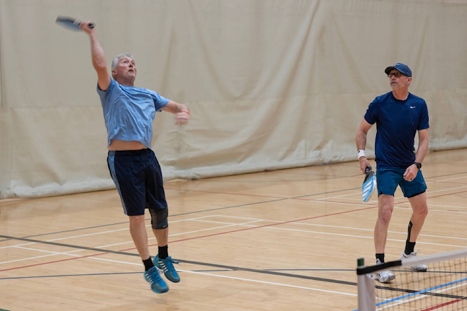 Matt Mosman (left) and Mike McCrindle in action at the seventh annual Indoor Pickleball Tournament. Photo supplied 