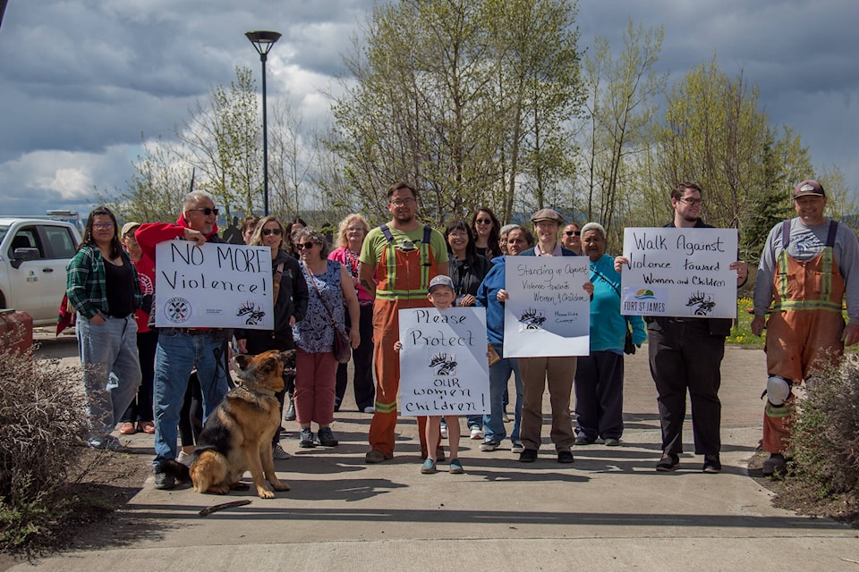 Fort St. James community members at Spirit Square to raise awareness about Moose Hide Campaign on May 16. (Taylor Hansen/ Caledonia Courier) 