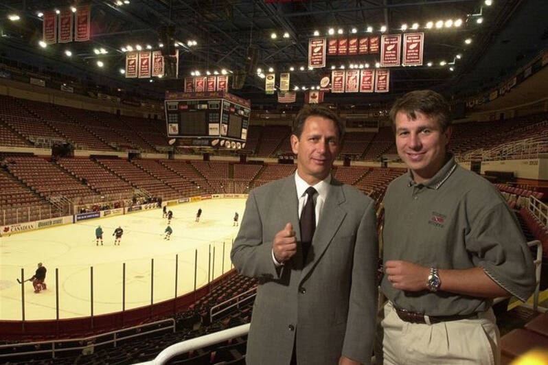 Vernon brothers Ken Holland (left) and Dennis Holland are competing against each other in the NHL’s Stanley Cup playoffs for just the second time. Ken is the president/general manager of the Edmonton Oilers, and Dennis is in his 21st season as a scout with the Dallas Stars. Winner of the Western Conference final moves on to play for the Stalney Cup. (Facebook photo) 