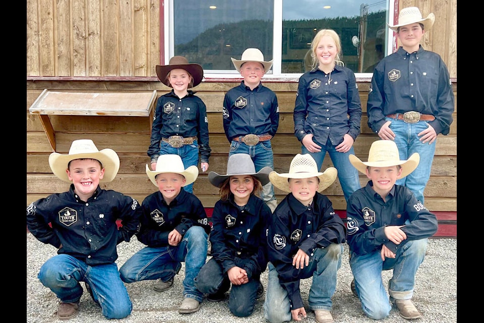 Williams Lake Youth Rodeo Club members participate Williams Lake Little Britches Rodeo May 25 and 26 at the Stampede Grounds sport their new rodeo shirts, sponsored by Bob’s Footwear and Apparel and Cariboo Custom Monogram. Pictured are Dani Stewart, back row left, Cooper King, Braidey Hinsche and Tryan Rivet and Reese Stewart, front row left, Conlee King, Grace Poffenroth, Rino Poffenroth and Corden King. (Photo submitted) 