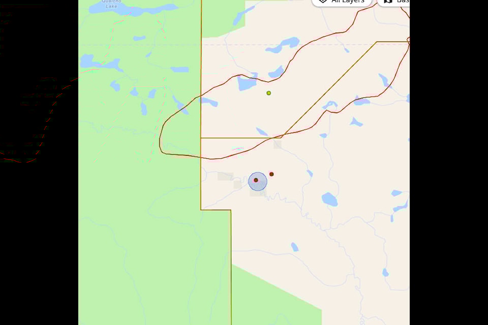 The two wildfires, which is located very close to one another. The green dot is the holdover Gatcho Lake wildfire from 2023. (Screengrab) 