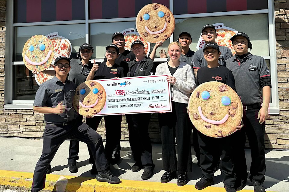 “We are thrilled to announce this year’s Smile Cookie Week has been a tremendous success,” the KBRH Health Foundation shares. “Thanks to the incredible support from Trail Tim Hortons and the generosity of our community, we have raised a total of $12,598 for the Orthopedic Enhancement Project at the KBRH Health Foundation.” Angelo, restaurant manager (left) and the team at Trail Tim Hortons present this wonderful donation to Melissa Archambault, KBRH Health Foundation Board Member (centre). A huge thank you to everyone who purchased Smile Cookies, volunteered their time, helped spread the word, and supported this fantastic campaign. Photo: Submitted 