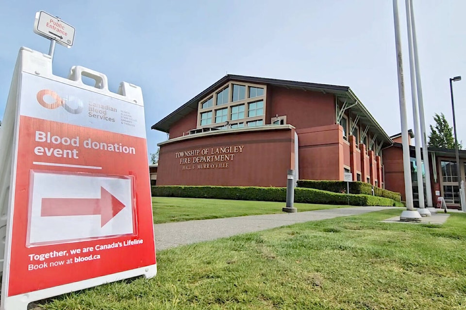 Langley RCMP and firefighters competed to see who could make the most donations during a one-day Canadian Blood Services clinic at the main fire hall in Murrayville on Tuesday, May 14. (Dan Ferguson/Langley Advance Times) 