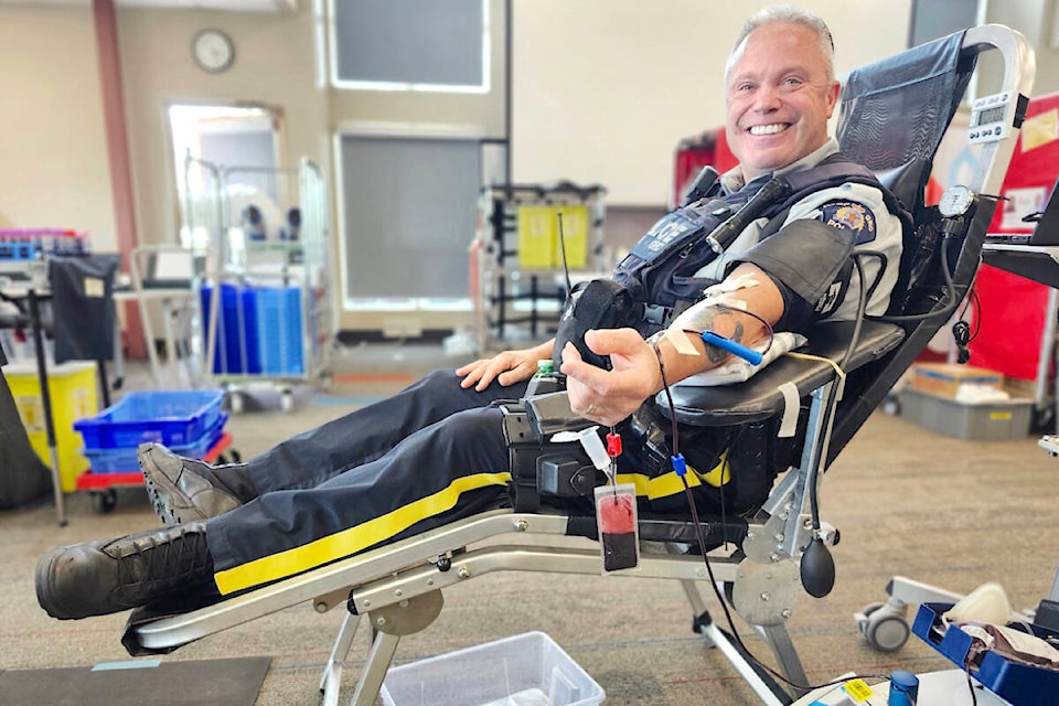 In the second annual Sirens For Life event, 91ԭ RCMP and firefighters competed to see who could make the most donations during a one-day Canadian Blood Services clinic in Murrayville on Tuesday, May 14. (Dan Ferguson/91ԭ Advance Times) 