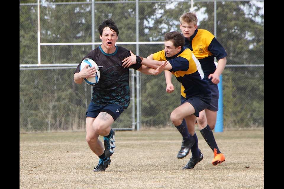 Peter Skene Ogden Secondary School Eagles rugby player Leo Kozier fends off attempts from a pair of Vanderhoof Vikings to bring him down as he races for a try. (Patrick Davies photo - 100 Mile Free Press) 