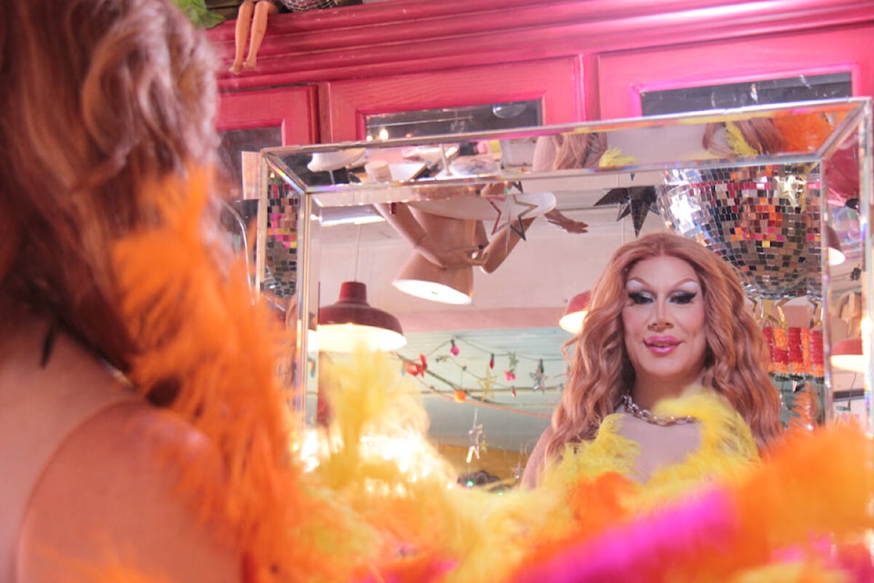 In a small upstairs studio in downtown Victoria, famed Canadian drag queen Jimbo prepares for her world tour. (Christine van Reeuwyk/News Staff) 