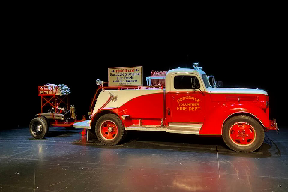 The restored trailer and pump reunited with the previously-restored 1940 Rosedale Fire Truck on stage at the Chilliwack Fire Department’s annual general meeting on Monday, May 27, 2024 (Stefan Luciani/Chilliwack Progress) 