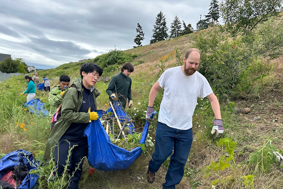 The Greater Victoria Green Team clears unwanted plants to make way for native species in Murray’s Pond Park in Colwood. (Courtesy Greater Victoria Green Team) 