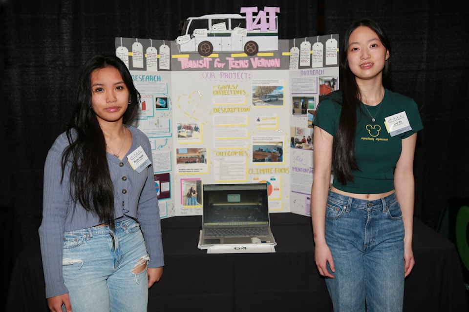 Haylee Andal (left) and Jade Ha from Clarence Fulton Secondary were the overall senior group winners for their Transit for Teens Vernon idea at the third Climate Action Ripple Effect (CARE) Student Summit at the Vernon Curling Club. (Contributed) 