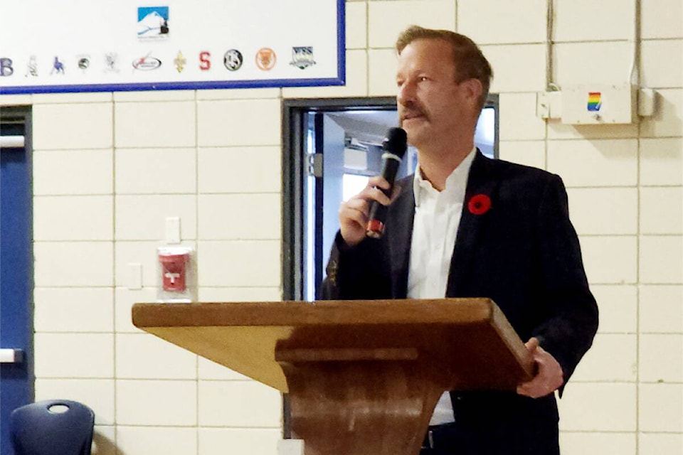 John Tyler, principal of Barriere Secondary School, speaking to students, staff and guests. (Photo by: Hettie Buck) 