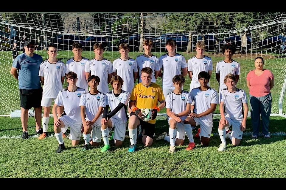 The U17 team from Terrace Youth Soccer competing at the 2024 Les Sinnott B Cup Provincial Championships was recognized with the fair play team award. Back row, coach Gil Rego, Caleb Lehman, Jacob Armitage Verde, Noah George, Linden Rego, Blake Collison, Kaleb Leport, Sam Barron, Amr Babiker and assistant coach Christina Fleischbein. Front row , Louie Quinn, David Duy Fhat Chuy, Tristen Fleischbein, Jory Rego, Aiden Correia, Leon Mariampillai, Jesse Hanna. (Contributed photo) 
