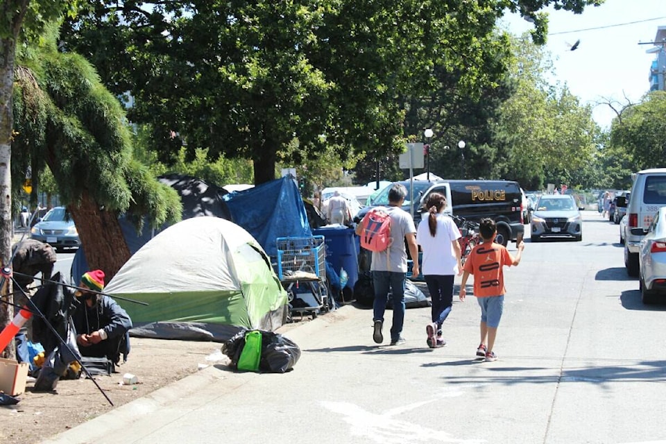 Residents in tents line Pandora Avenue in Victoria. (Efteen file photo)