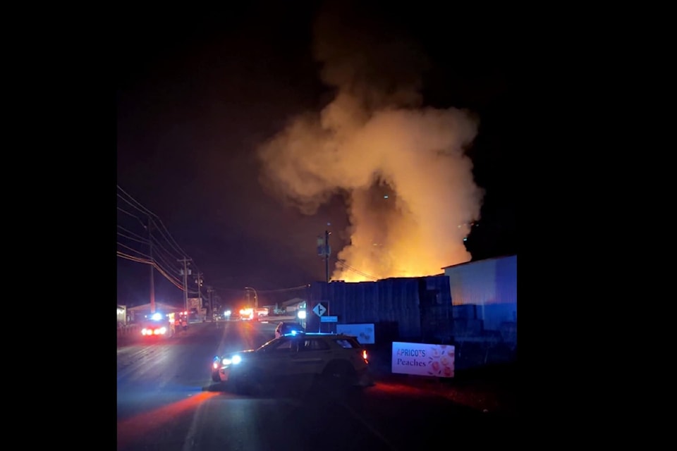 A structure fire closed Highway 3 in Keremeos for nearly 10 hours on Feb. 28 into March 1.