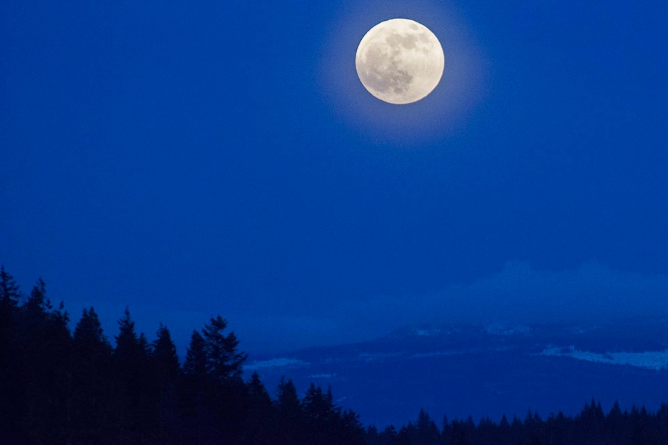 The Super Wolf Blood Moon, so called because it is a full moon in January which orbits unusually close to the earth and coincides with a full lunar eclipse rises over Blind Bay on Shuswap Lake on Sunday, Jan. 20. Jim Eliot/Salmon Arm Observer
