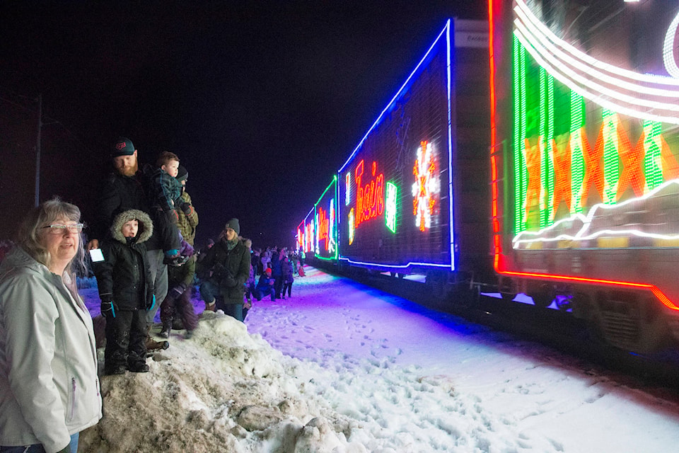 Onlookers watch the CP Rail Holiday Train pull into Sicamous on Saturday, Dec. 14. (Jim Elliot/ Eagle Valley News)