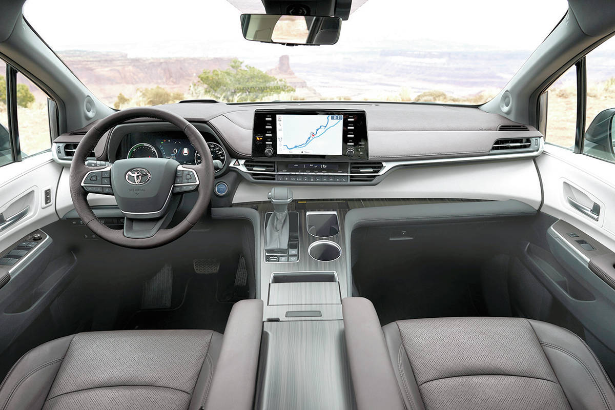 The wide centre console has plenty of storage but it also indicates just how much shoulder room the Sienna has. The dash is dominated by a nine-inch screen perched above the air vents. PHOTO: TOYOTA