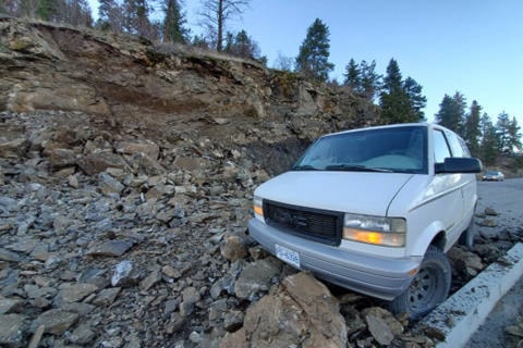 Lake Country resident Malcolm Hett was clearing rocks from Pelmewash Parkway Wednesday, Feb. 3, 2021, when he heard a crack and the rock wall started to slide towards him, damaging his van in the process. (Malcolm Hett - Contributed)