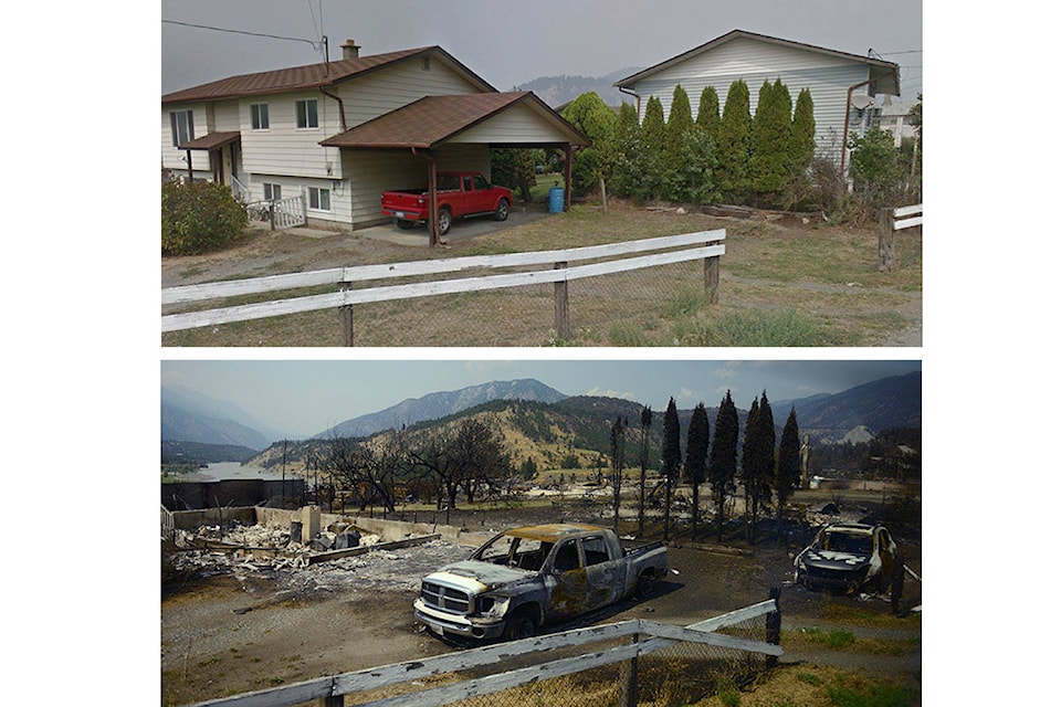 Before and after images of the Village of Lytton, B.C. Before photo taken in 2018 (Google Street View); after photo taken on Friday, July 9, 2021. (Jenna Hauck/ Black Press Media)
