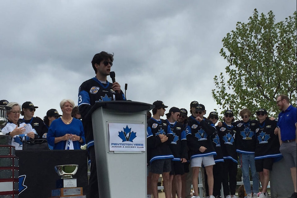 Penticton Vees alternate captain Frank Djurasevic thanked the community for their support throughout the 2021-2022 B.C. Hockey League campaign. Djurasevic was the first player to hoist the Fred Page Cup last week in Nanaimo.