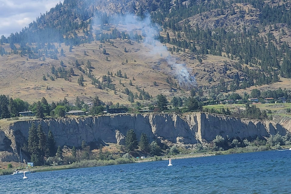 The grass fire above the KVR Trail near the Pine Hills golf course near Penticton can be seen from Okanagan Lake beach on Monday. (Facebook)