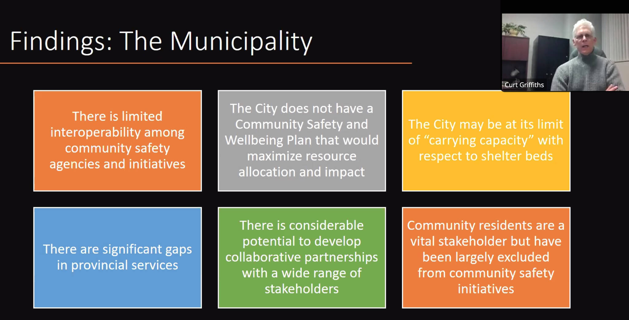 Dr. Curt Griffiths presents some of the recommendations from his Focus on Safety review for Penticton. (City of Penticton screengrab)