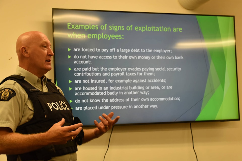 Salmon Arm RCMP Reserve Const. Scott Lachapelle gives a presentation on human trafficking, an issue that is a major concern for North Okanagan Shuswap Crime Stoppers. January is Crime Stoppers Month worldwide.